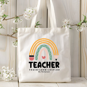 Teacher Teach Love Inspire Rainbow Personalized Tote Bag