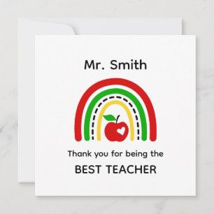 Teacher Thank You Card, Rainbow & Red Apple Card