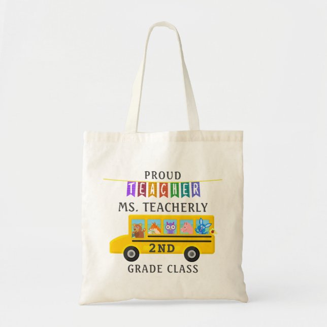 Teacher Thank You Custom Name | Cute Animals Bus Tote Bag (Front)