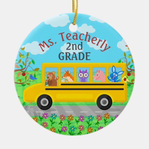 Teacher Thank You Custom Name  Cute Bus Animals Ceramic Ornament