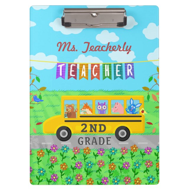 Teacher Thank You Custom Name | Cute Bus Animals Clipboard (Front)