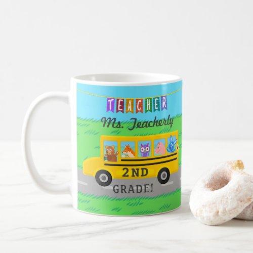 Teacher Thank You Custom Name  Cute Bus Animals Coffee Mug