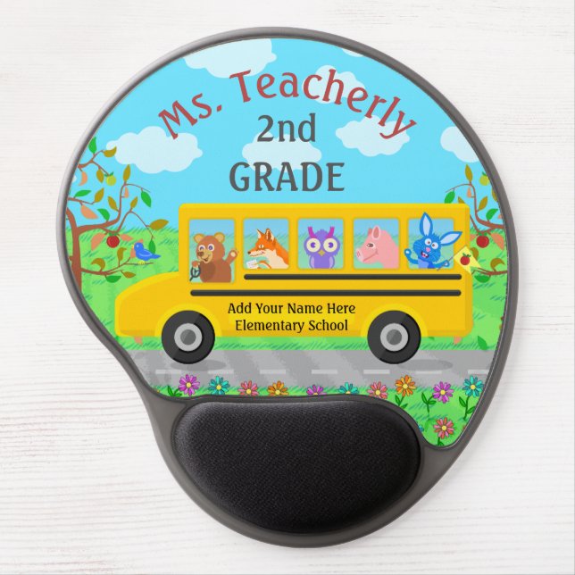 Teacher Thank You Custom Name | Cute Bus Animals Gel Mouse Pad (Front)