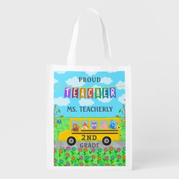 Teacher Thank You Custom Name | Cute Bus Animals Grocery Bag by HaHaHolidays at Zazzle