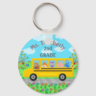 Teacher Thank You Custom Name   Cute Bus Animals Keychain