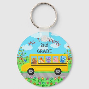 Teacher Thank You Custom Name | Cute Bus Animals Keychain by HaHaHolidays at Zazzle