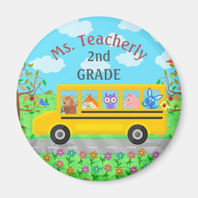 Teacher Thank You Custom Name | Cute Bus Animals Magnet (Front)