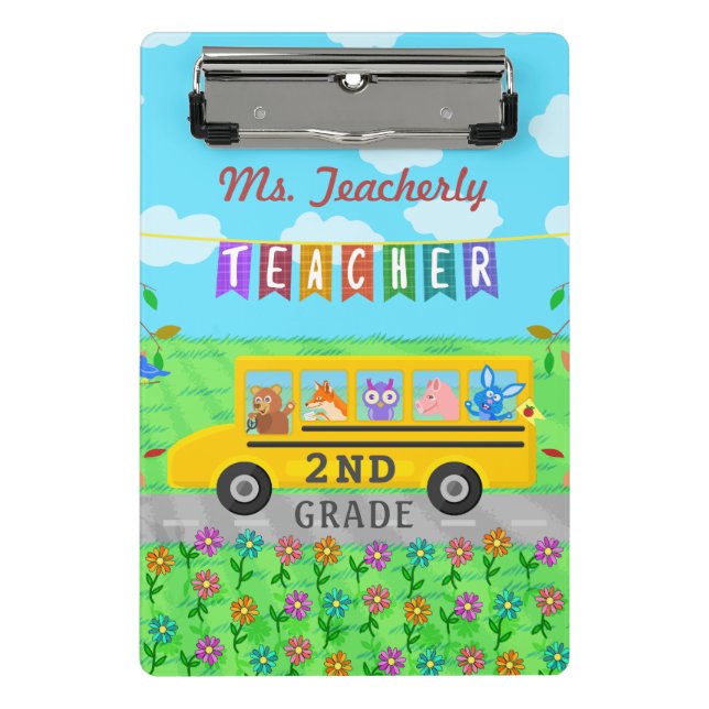 Teacher Thank You Custom Name | Cute Bus Animals Mini Clipboard (Front)