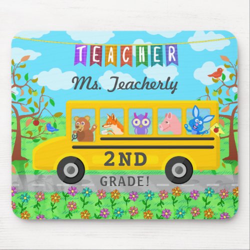 Teacher Thank You Custom Name  Cute Bus Animals Mouse Pad