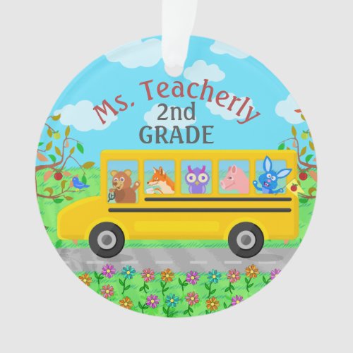 Teacher Thank You Custom Name  Cute Bus Animals Ornament