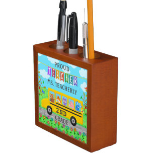 Teacher Thank You Custom Name   Cute Bus Animals Pencil Holder
