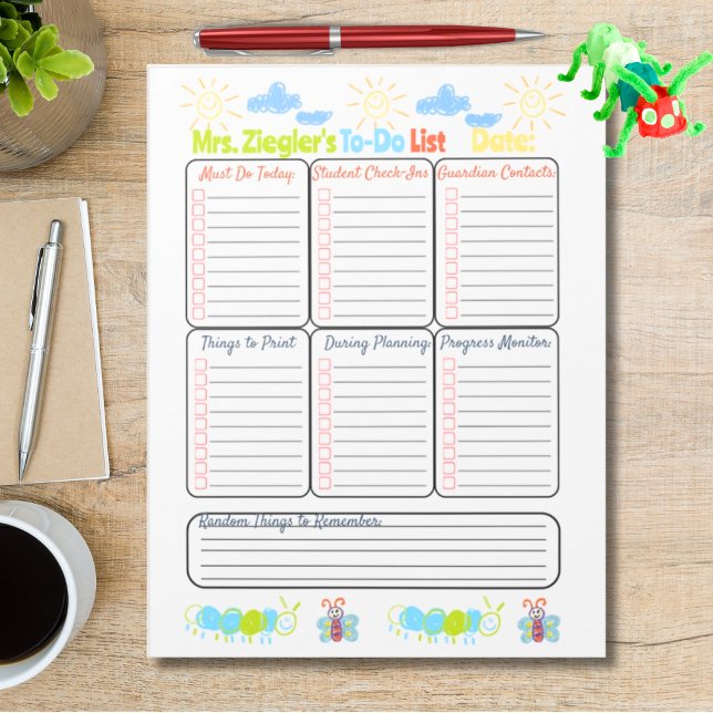 Teacher to-do list personalized crayon art notepad (Fully Customizable Personalized Teacher To Do List with crayon drawings for elementary teacher)