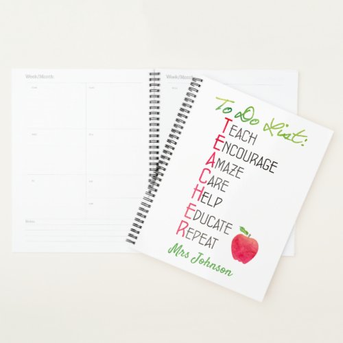 Teacher To Do List Personalized Watercolor Apple Planner