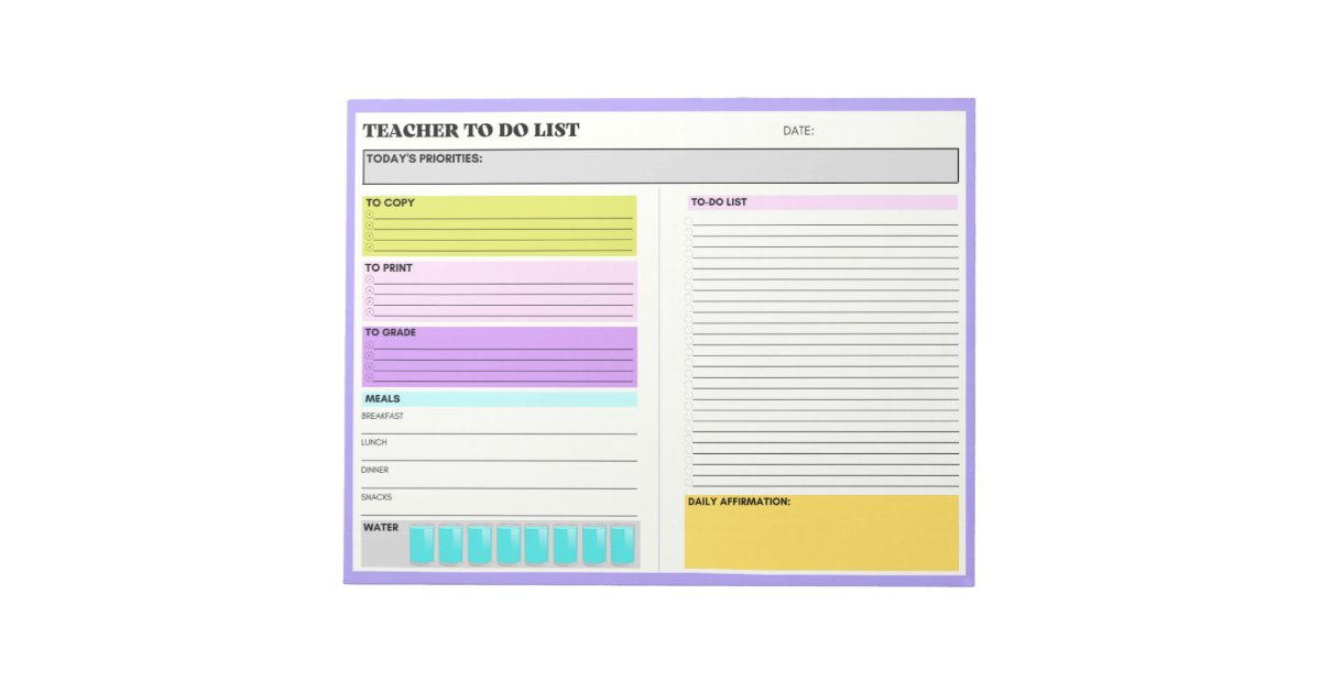 Teacher To Do List Productivity Daily Affirmations Notepad | Zazzle