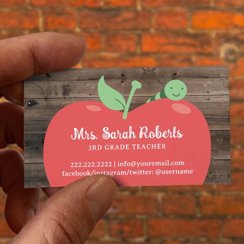 Teacher Tutor Cute Apple  Worm Barn Wood Business Card