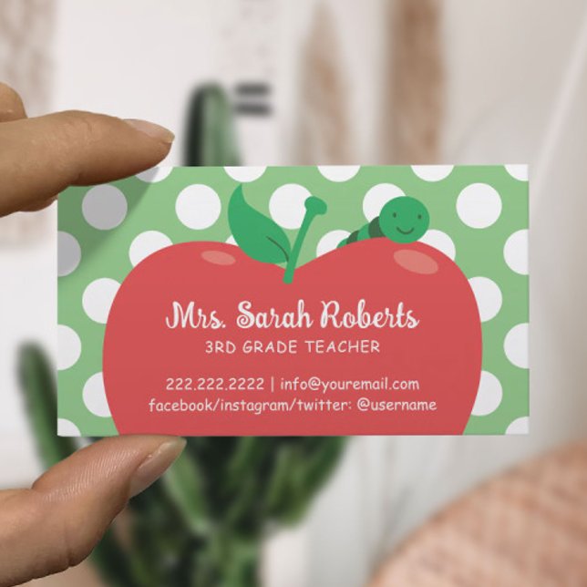 Teacher Tutor Cute Apple & Worm Polka Dots Green Business Card (Creator Uploaded)