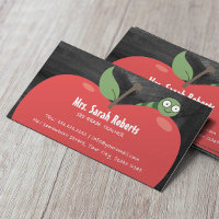 Teacher Tutor Cute Apple & Worm Rustic Chalkboard Business Card