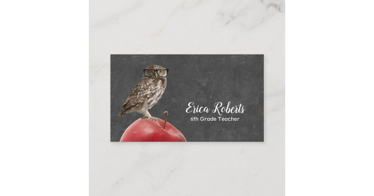 Teacher Tutor Nerdy Owl & Apple Chalkboard Business Card | Zazzle