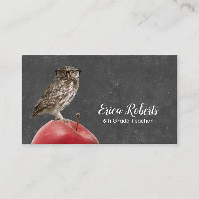 Teacher Tutor Nerdy Owl & Apple Chalkboard Business Card | Zazzle