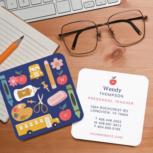 Teacher  Tutor School Supplies Icon Illustrations Square Business Card