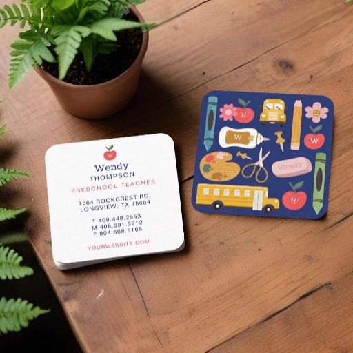 Customizable Teacher &amp; Tutor School Supplies Icon Illustrations Square Business Card