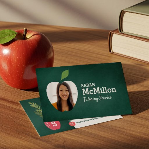 Customizable Teacher Tutoring Green Chalkboard Apple Photo Business Card