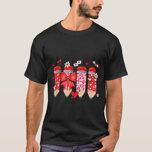 Teacher Valentine Coquette Bow Pencil Teacher Vale T-Shirt (Front)