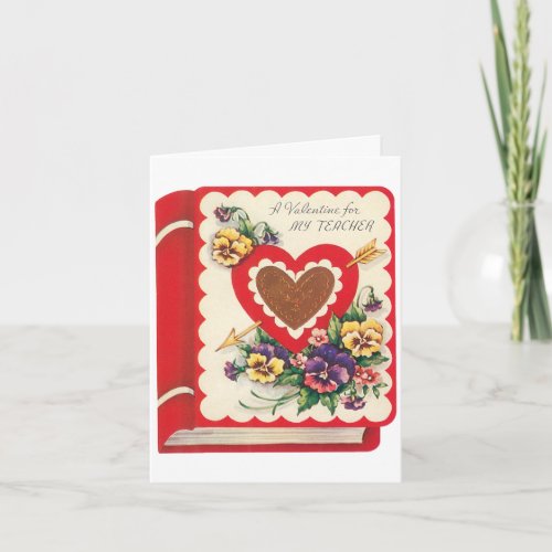 Teacher Valentine Vintage Book Hearts and Flowers Holiday Card