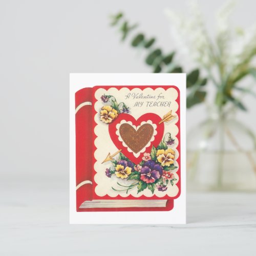 Teacher Valentine Vintage Book Hearts and Flowers Holiday Card