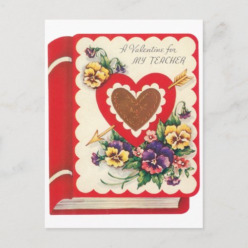 Teacher Valentine Vintage Book Hearts and Flowers Holiday Postcard
