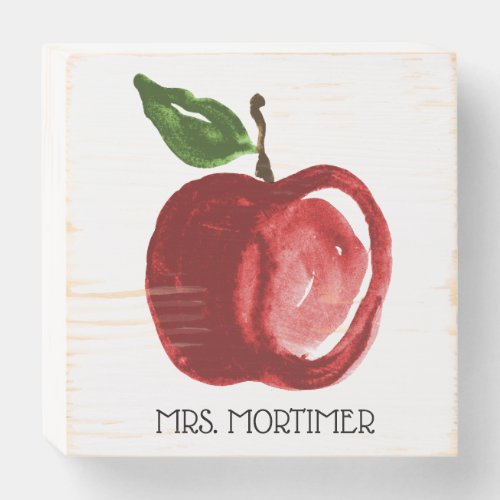 Teacher Watercolor Apple Monogram Name Wooden Box Sign