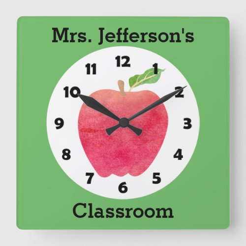 Teacher Watercolor Apple Personalized Green Class Square Wall Clock