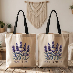 Teacher Watercolor Lavender Floral Bridal Name Tote Bag