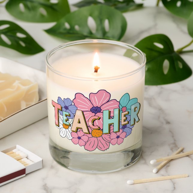 Teacher Word Art With Pastel Flowers Scented Candle (Lit)