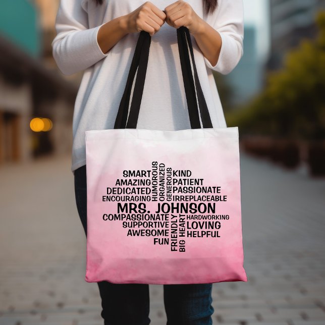 Teacher Word Cloud Name Pink Ombre Tote Bag (Creator Uploaded)