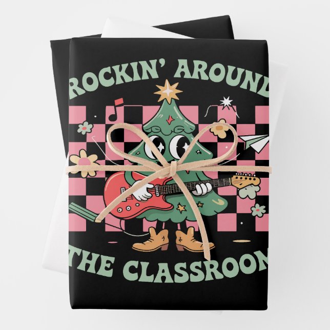  Teacher Xmas Rockin' Around The Classroom Groovy Wrapping Paper Sheets (In situ)