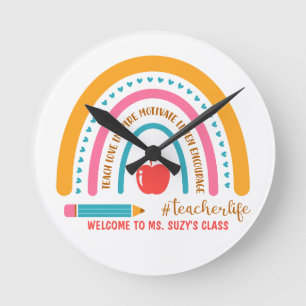#Teacherlife Rainbow Personalized Classroom Round Clock