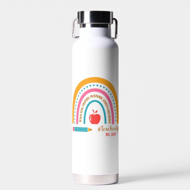 #Teacherlife Rainbow Personalized Teacher's Water Bottle (Front)