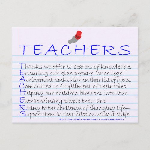 Teachers Acrostic Postcard