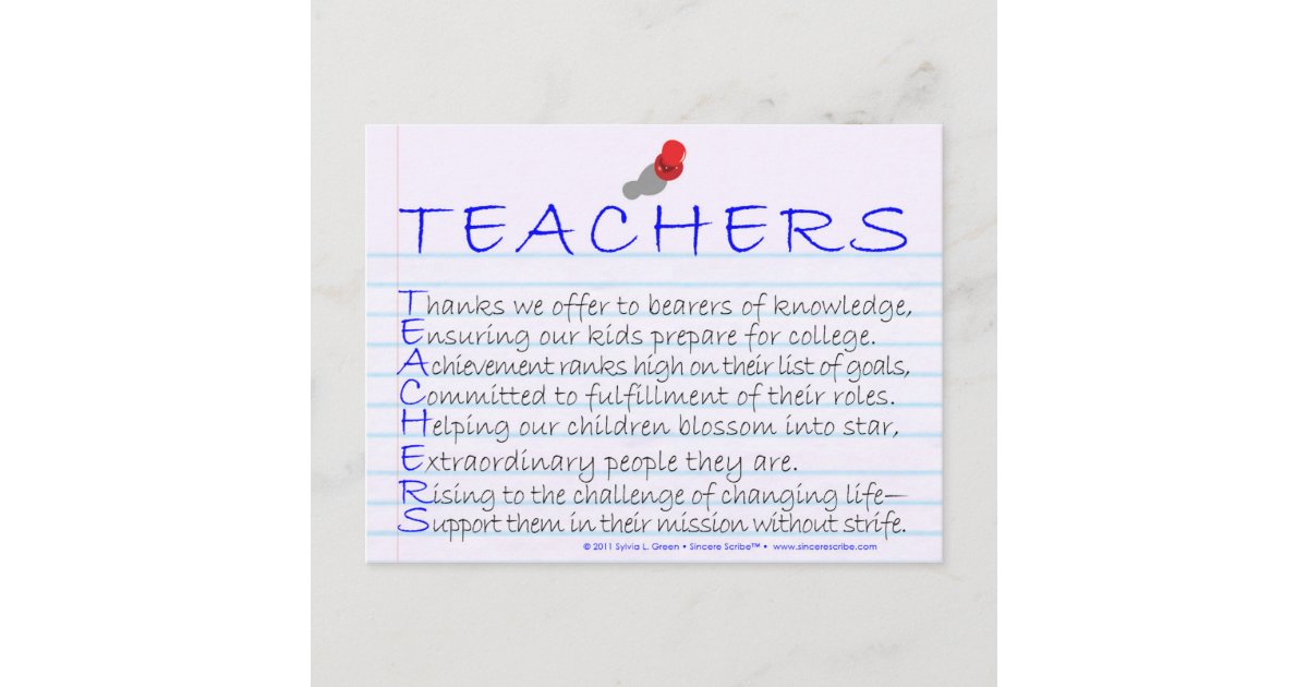 Teachers (Acrostic) Postcard | Zazzle