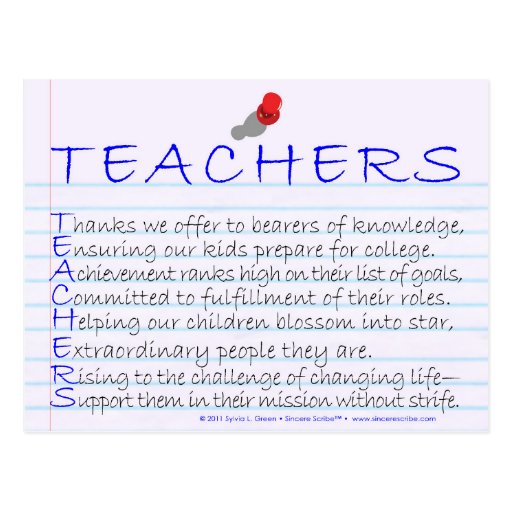 Teachers (Acrostic) Postcard | Zazzle