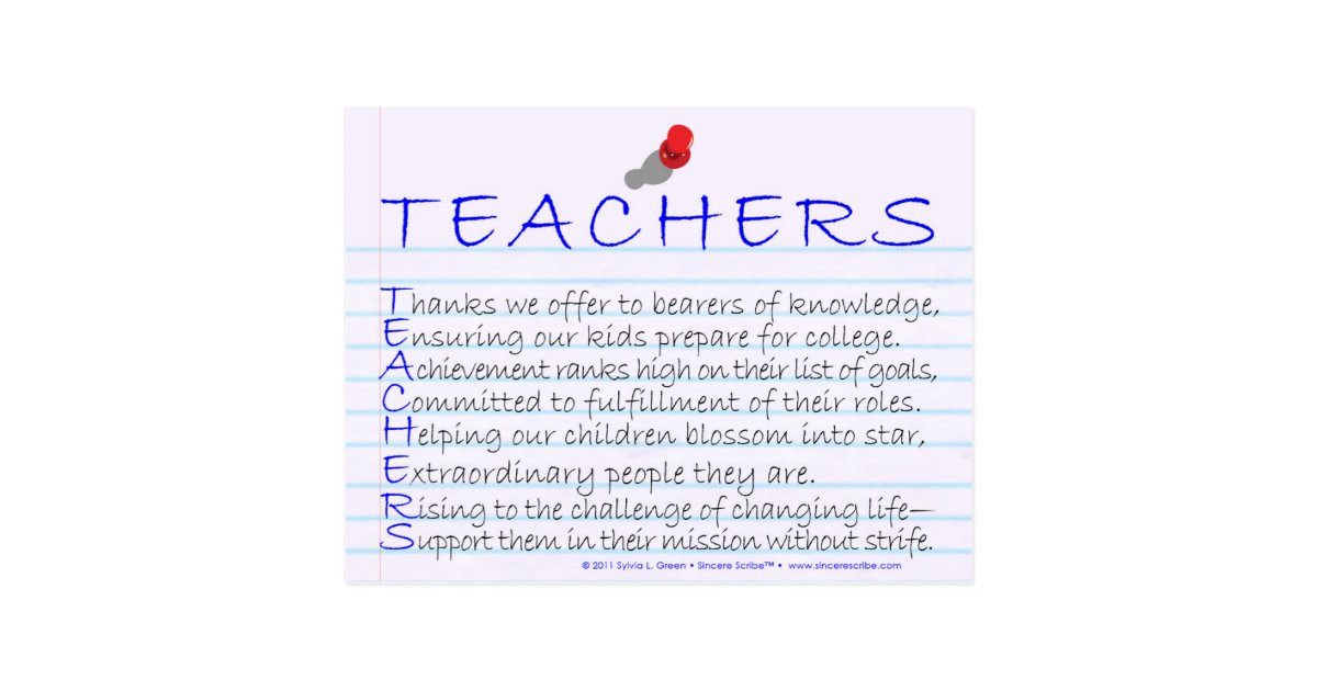 Teachers (Acrostic) Postcard | Zazzle.com