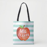 Teacher's Apple | Custom Name Tote Bag<br><div class="desc">A fun and lighthearted seafoam green striped bag featuring a stylized apple illustration. Inside of this apple is your favorite teacher's name in a playful style font.</div>