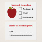 Teacher's Apple Homework Excuse Cards (Front & Back)