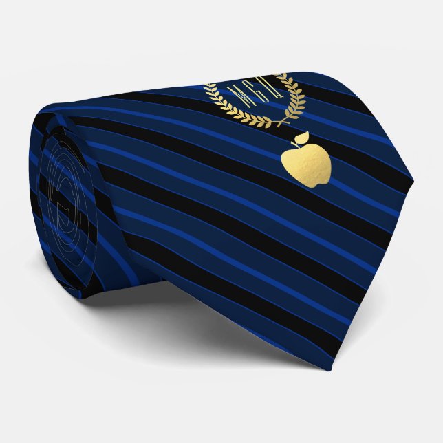 Teacher's Apple Monogram Deep Blue Striped Neck Tie (Rolled)