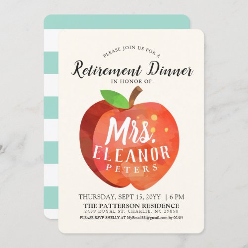 Teachers Apple Retirement Dinner Mint Invitation