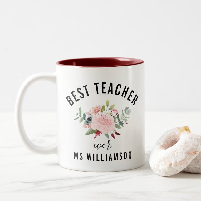 Teacher's Appreciation Floral Personalized Two-Tone Coffee Mug (With Donut)
