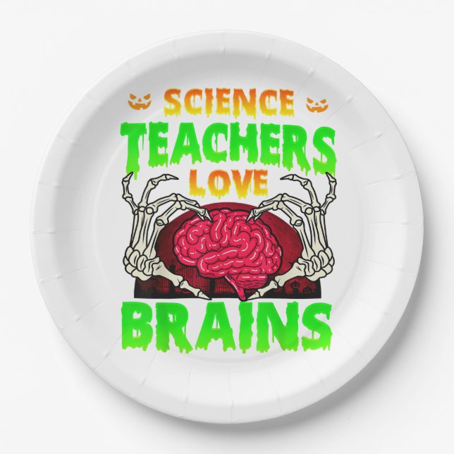 Teachers Brains Skeleton Hand Heart Halloween Paper Plates (Front)