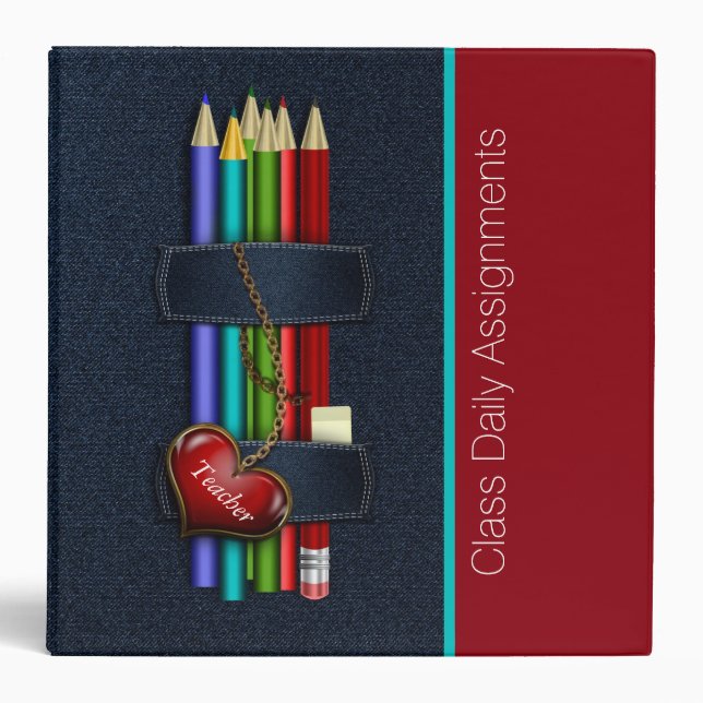 Teacher's Denim and Pencils Custom Organizer 3 Ring Binder (Front)