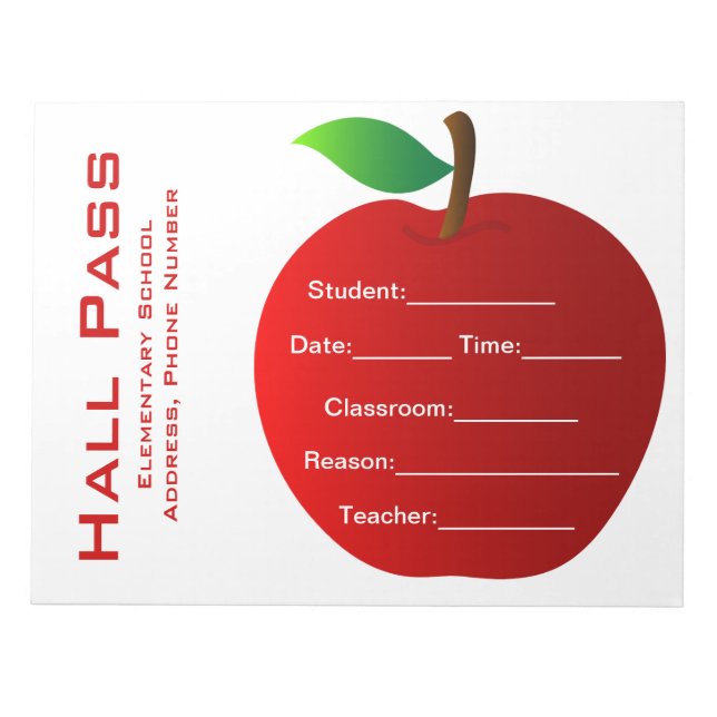 Teacher's Hall Pass Notepad (Front)